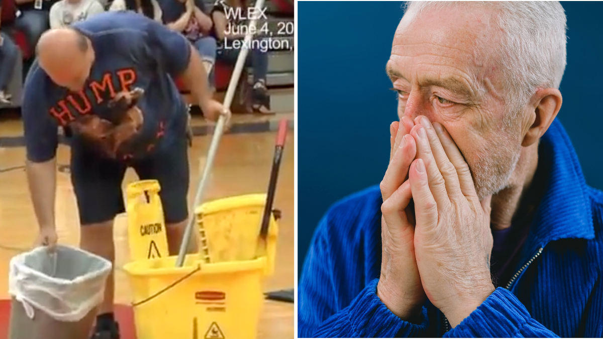 man looking into a trash can and a man in a blue shirt looking shocked