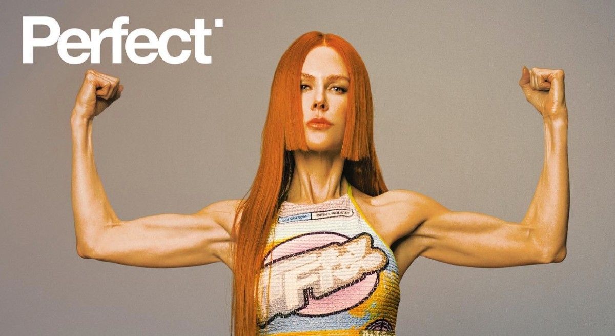 Nicole Kidman flexing insanely toned arms wearing a tank top and long red hair.