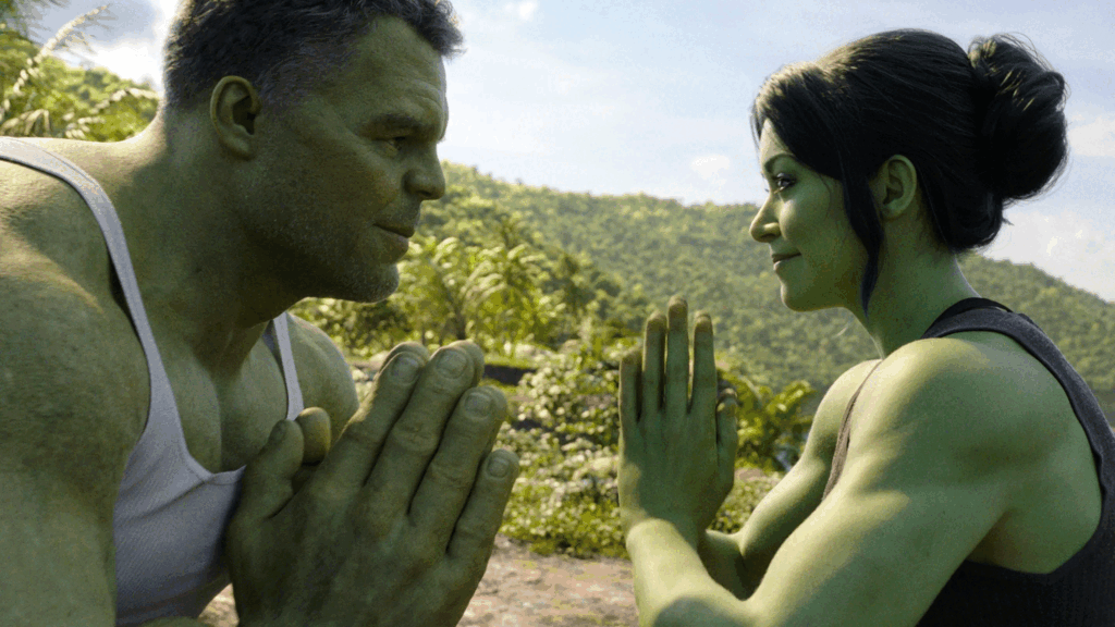 Mark Ruffalo as Bruce Banner and Tatiana Maslany in She-Hulk: Attorney at Law (Disney)