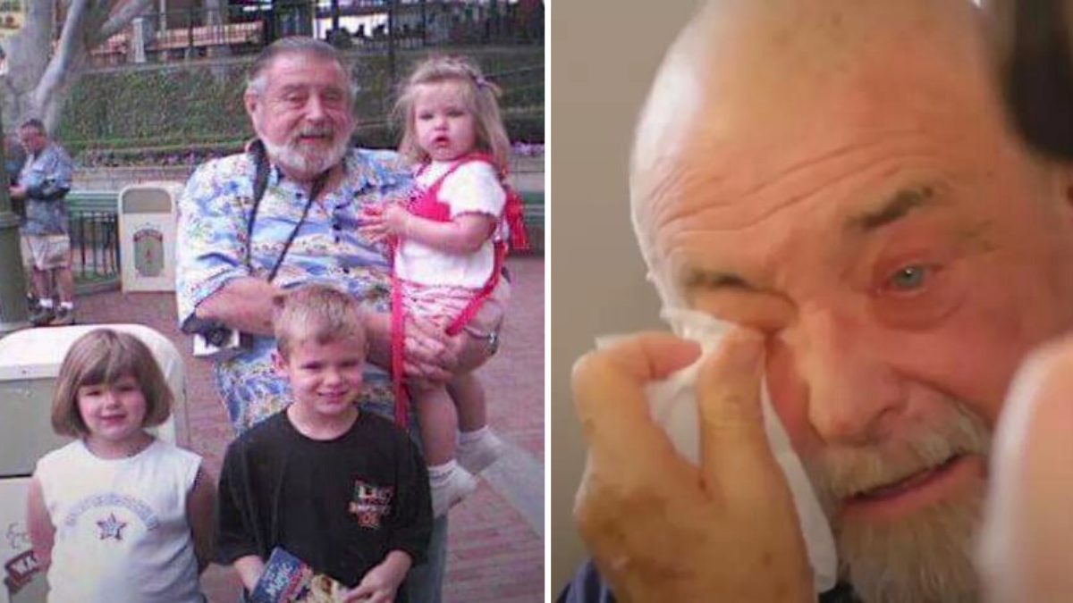 man with 3 children and a man crying and wiping tears with a tissue