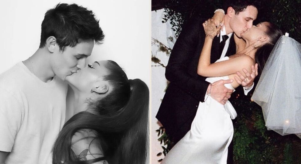 Ariana Grande and Dalton Gomez kissing in side by side pictures.