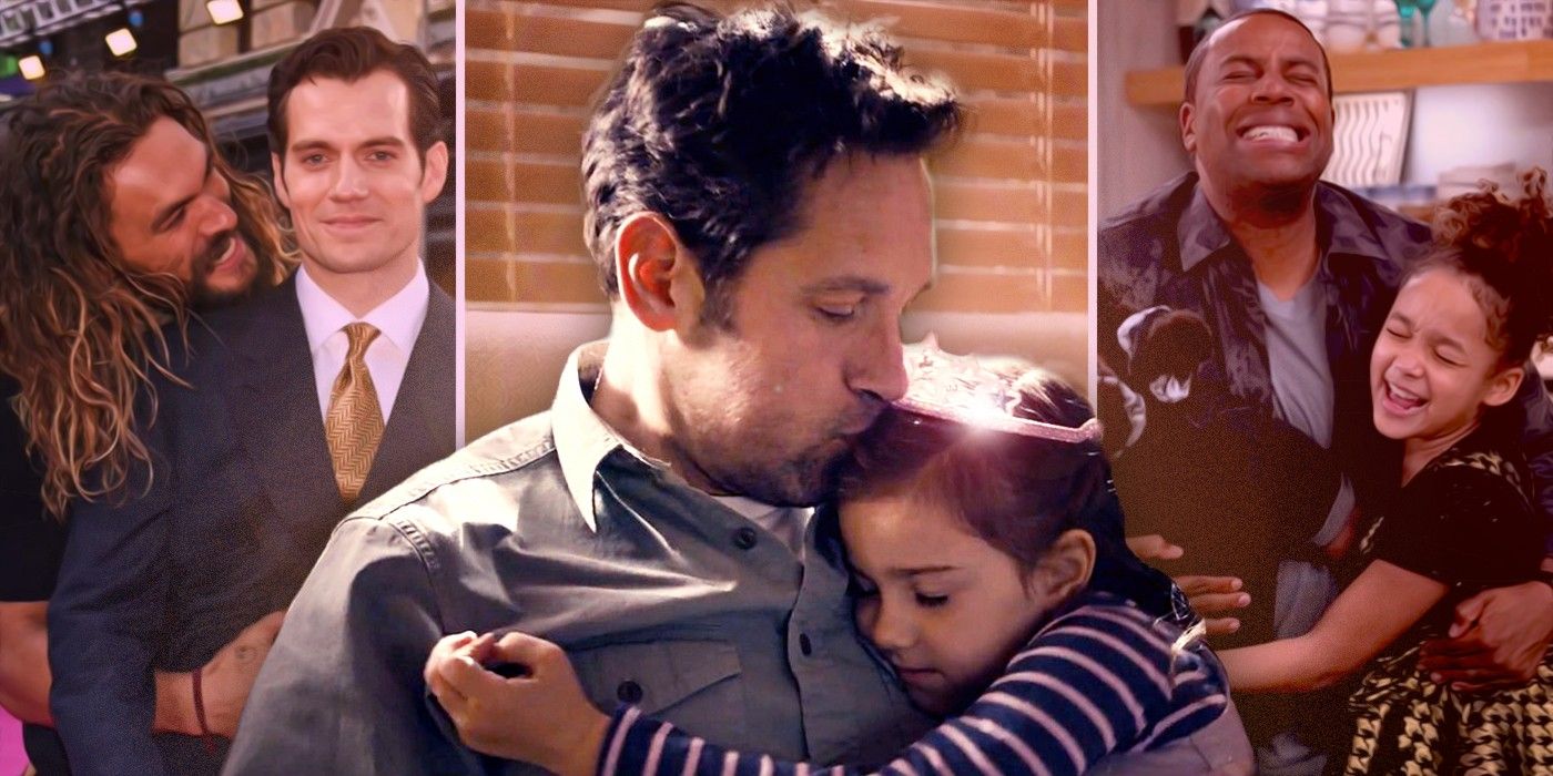Jason Momoa hugging Henry Cavill, Paul Rudd hugging his daughter in Ant-Man and Kenan Thompson hugging his kids