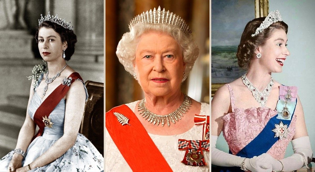 Three images of Queen Elizabeth as a young woman and at 95 years old.