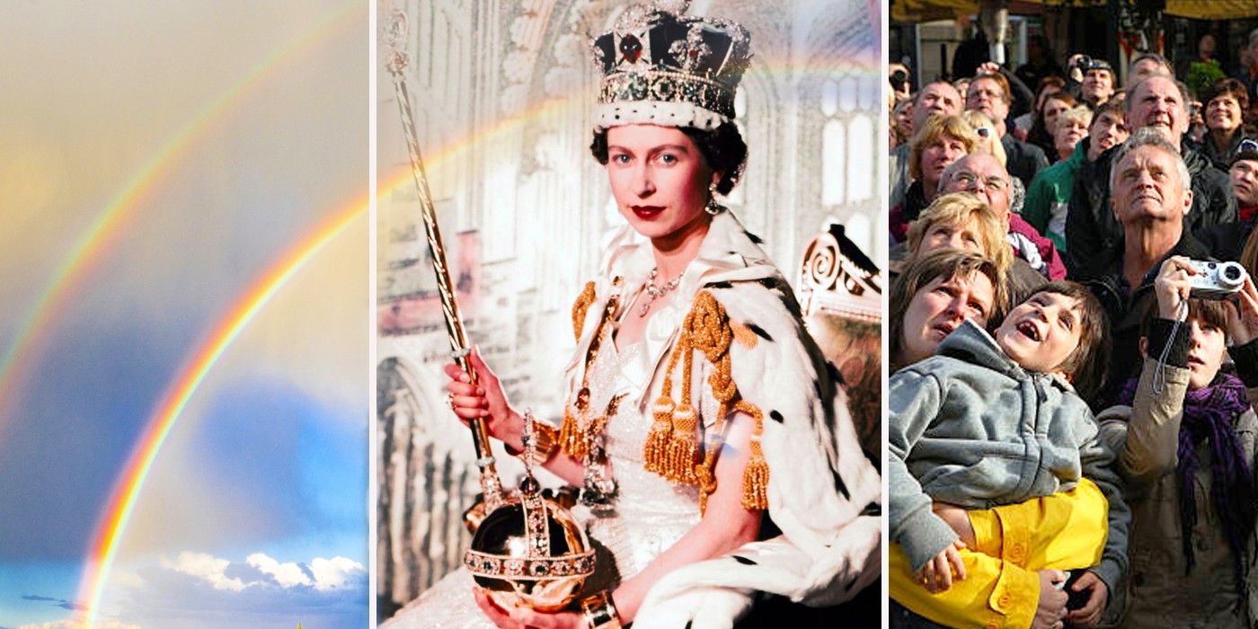 Crowd watches a young Queen Elizabeth II sit beside a double rainbow