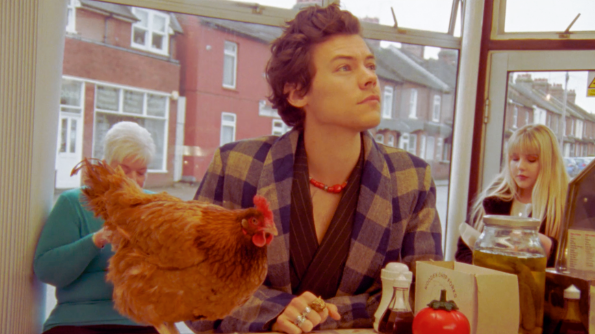 Harry Styles accompanied by a chicken at a cafe.