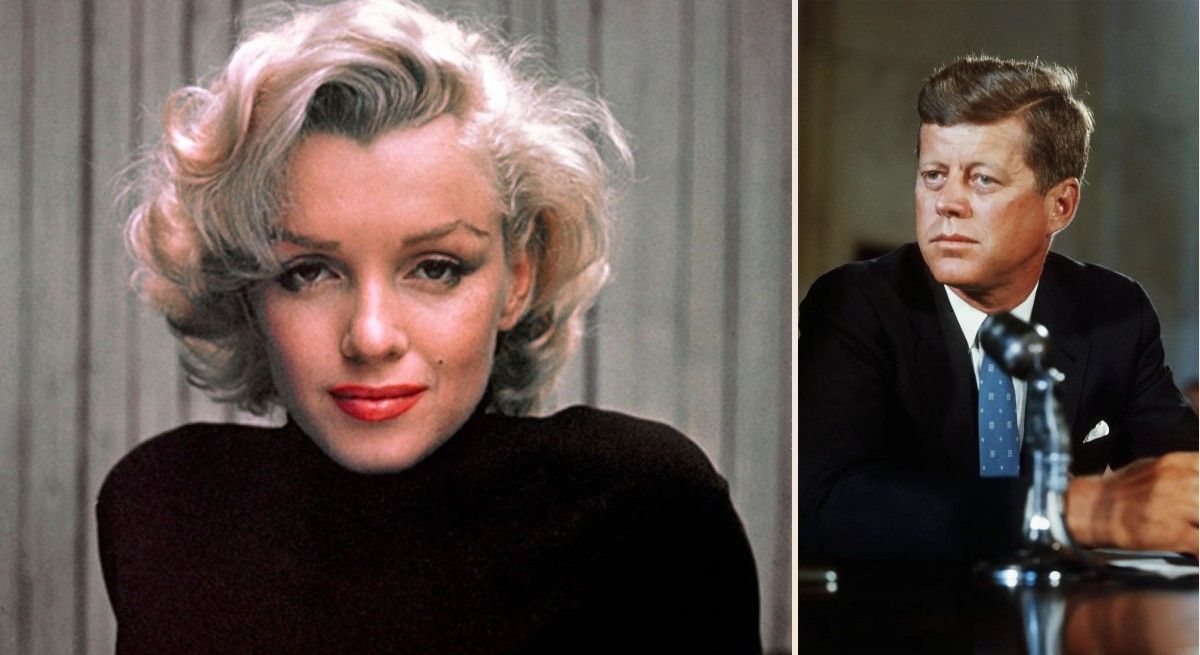 Marilyn Monroe in black sweater beside image of JFK in suit.