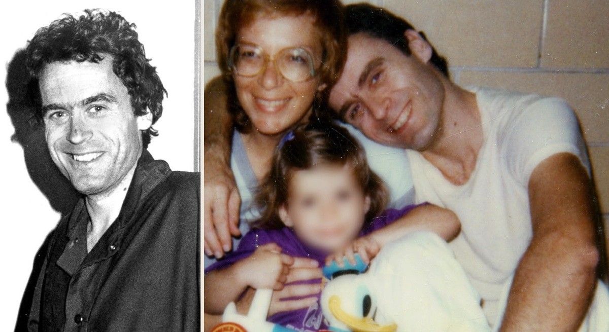 Black and white picture of Ted Bundy smiling next to family picture with Carole Ann Boone and daughter.