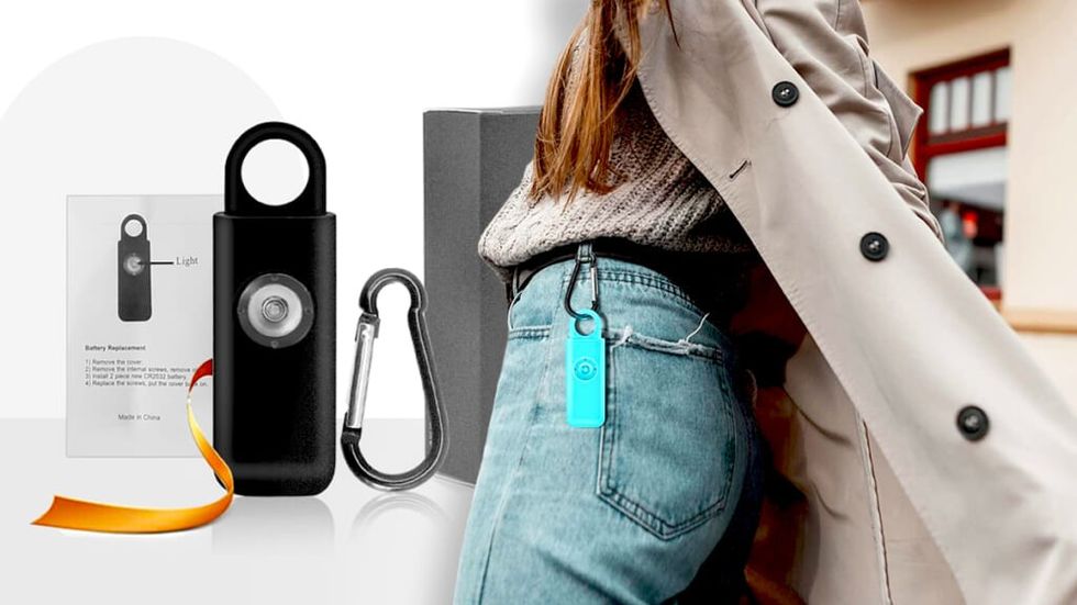 Thopeb Alarm Keychain product display in black and a blue model on a woman's hip