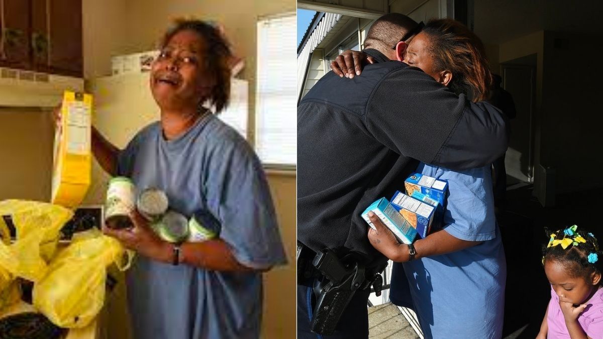 police hugging needy woman