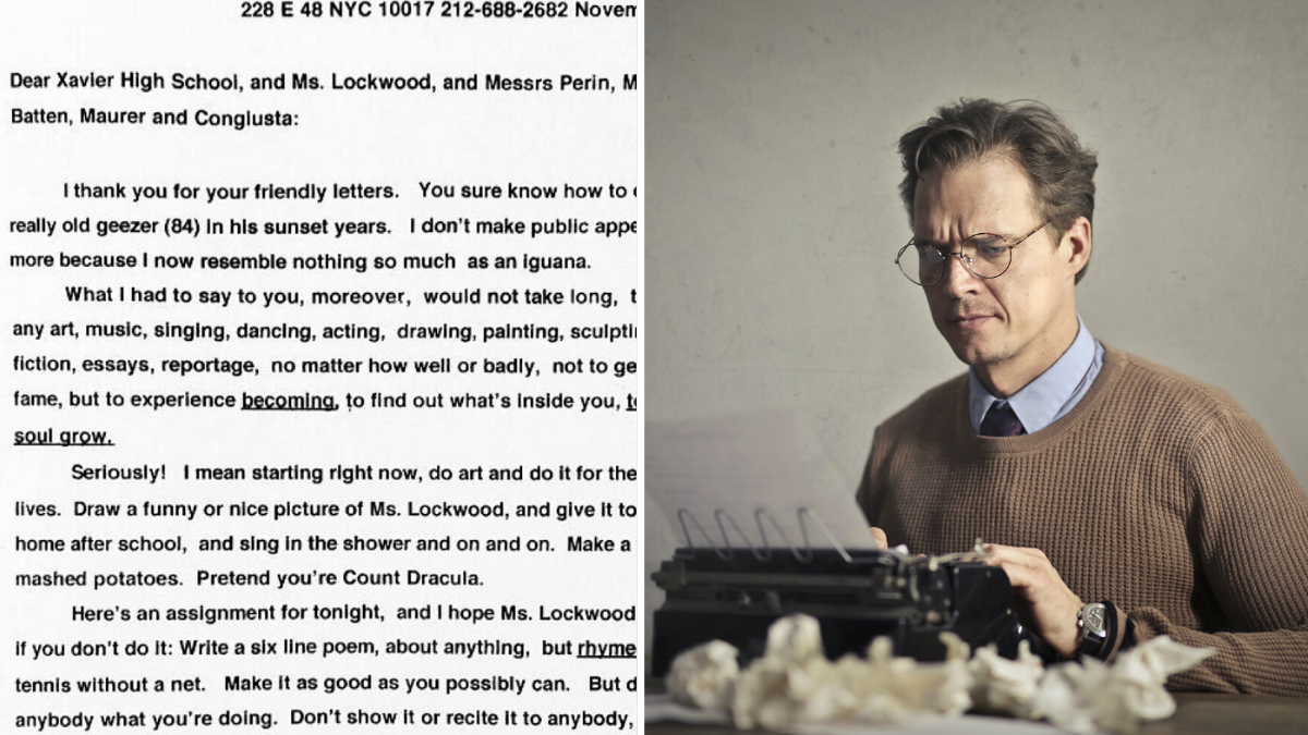typed letter and a man with glasses writing on a typewriter