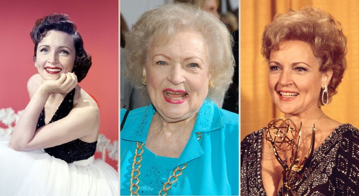 Three side by side photos of Betty White through the ages.
