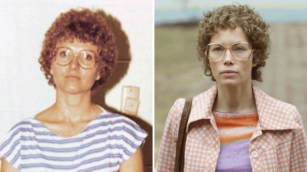 The real Candy Montgomery, left, and Jessica Biel in Hulu's Candy