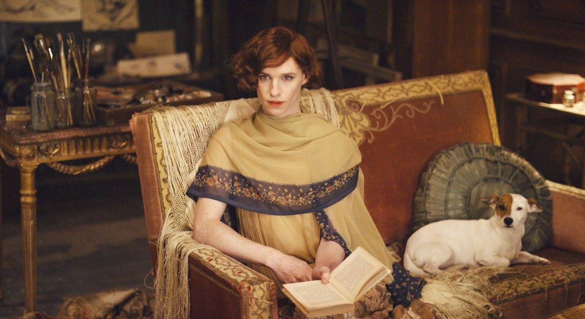 Eddie Redmayne in The Danish Girl in dress, r3eading a book on the couch next to a dog.