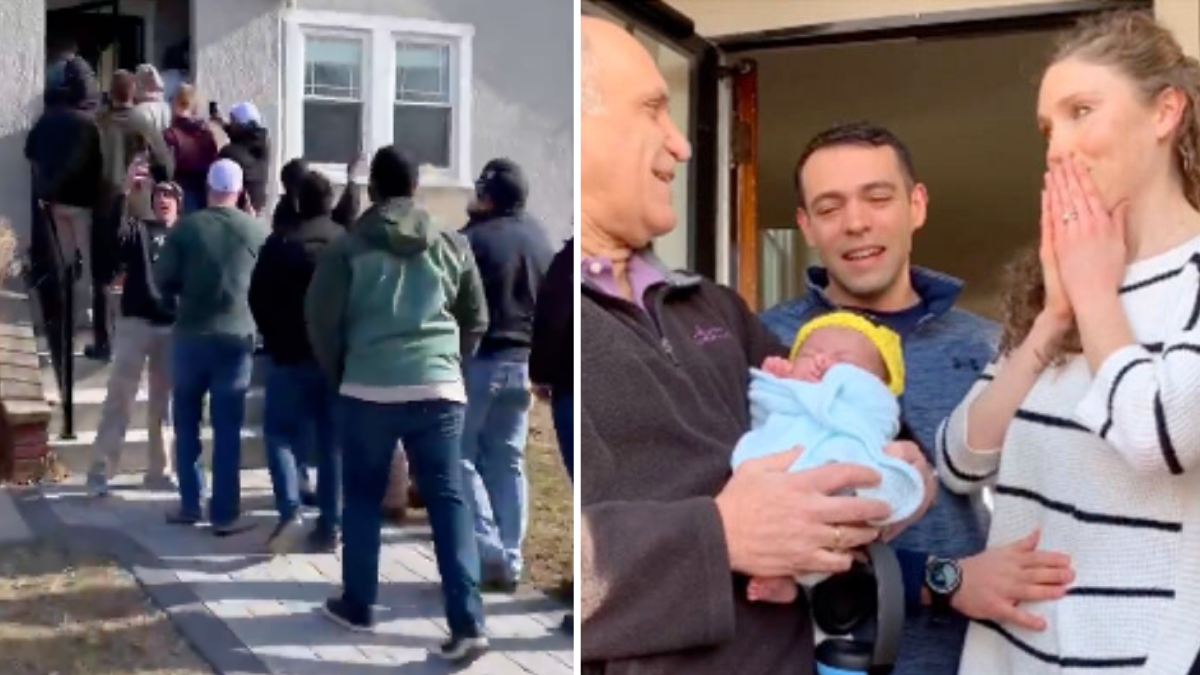 multiple people outside a home and a man holding a baby with a couple