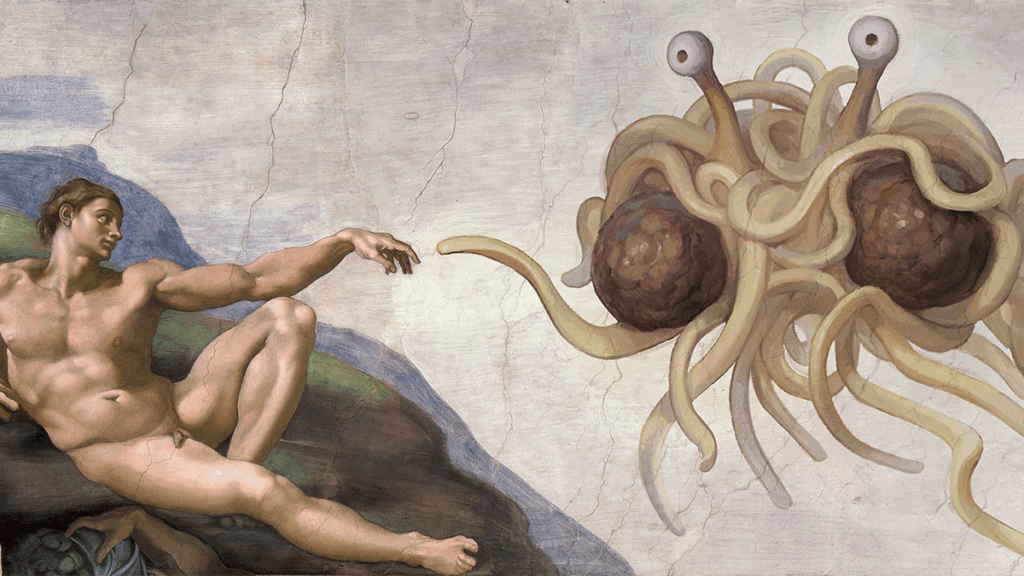 Touched by His Noodly Appendage, Niklas Jansson's parody of Michelangelo's Creation of Adam