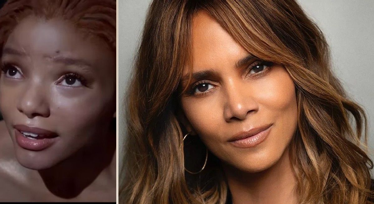 Close up of Halle Berry smiling at the camera next to a picture of Halle Bailey as the Little Mermaid.