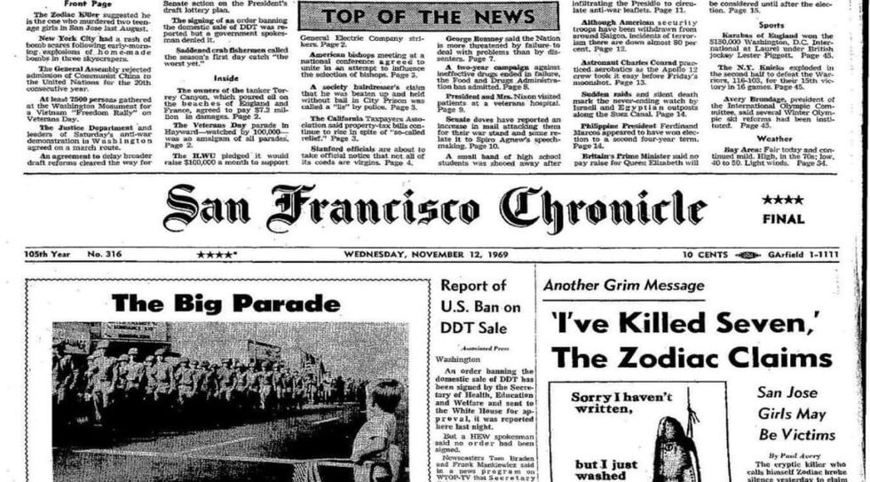 Nov. 12, 1969, edition of the San Francisco Chronicle, with a message from the Zodiac