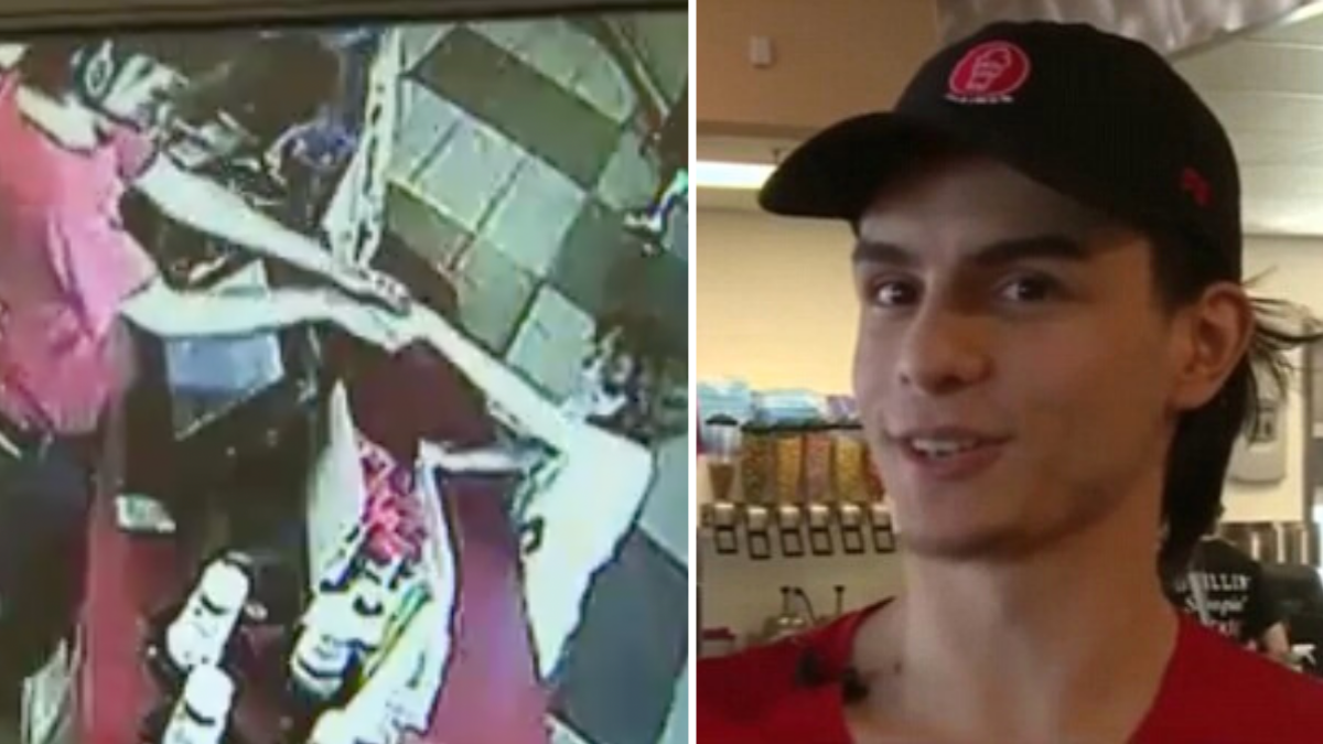 cctv footage of a cashier and a little boy and a man wearing a black hat