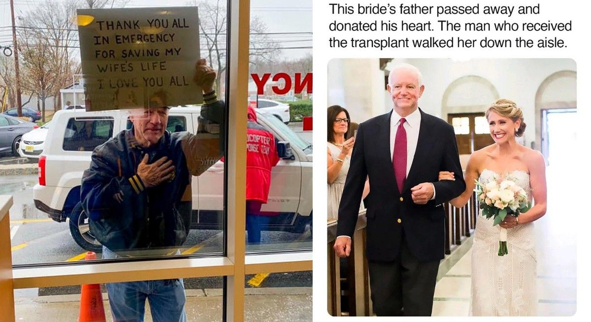 Elderly man holds sign thanking health workers and and an older man in a suit walks a bride down a wedding aisle