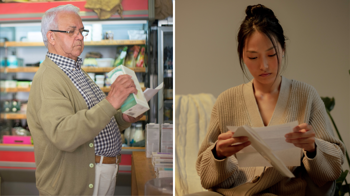 elderly man holding a box at grocery store and a woman reading a letter