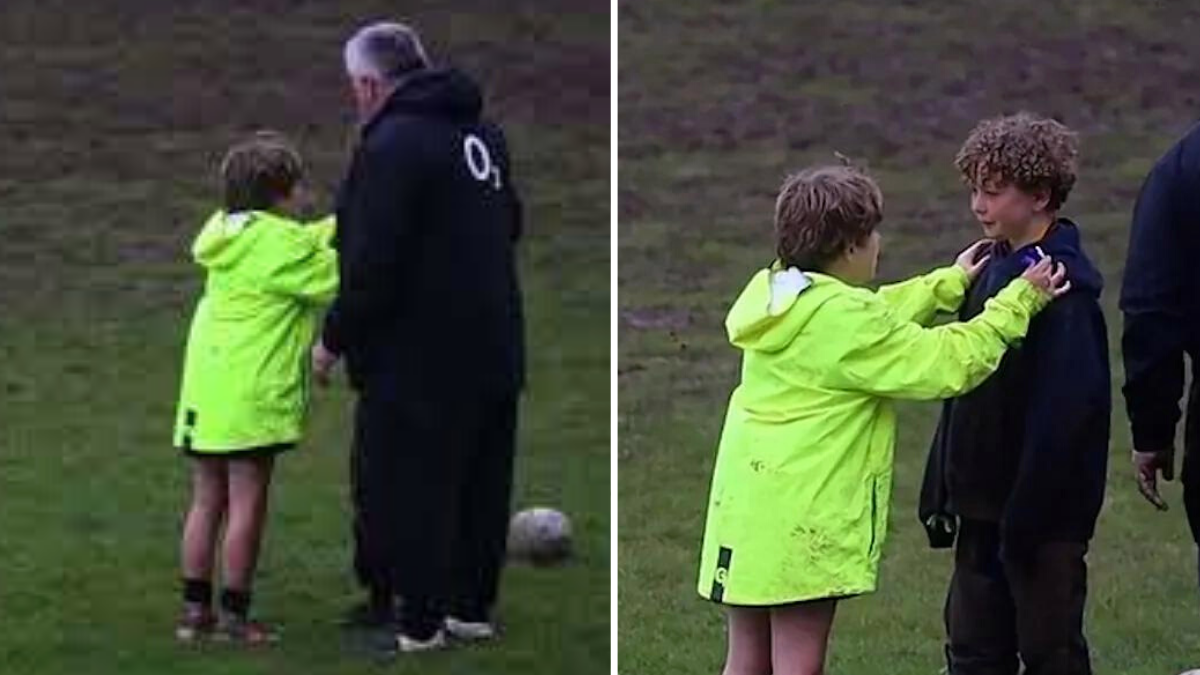 little boy in a neon green coat and a boy wearing black clothes
