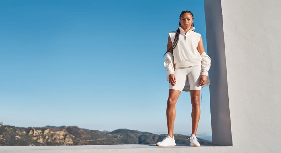 Allyson Felix dressed in all white for ad with Athletica.