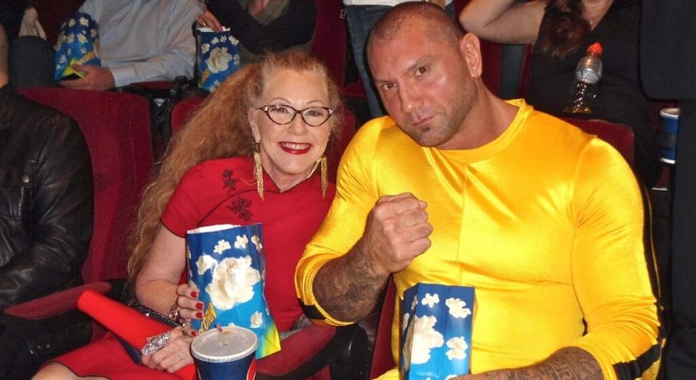 Dave Bautista and mom on Halloween in the movie theatre.
