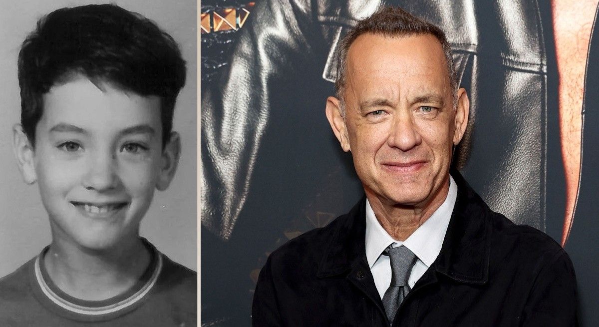 Black and white photo of Tom Hanks as a child beside a photo of him today.