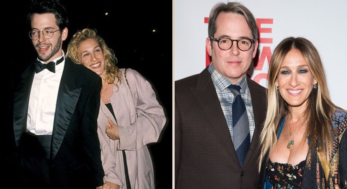 Sarah Jessica Parker and husband Matthew Broderick in side by side pictures when they were young and now.