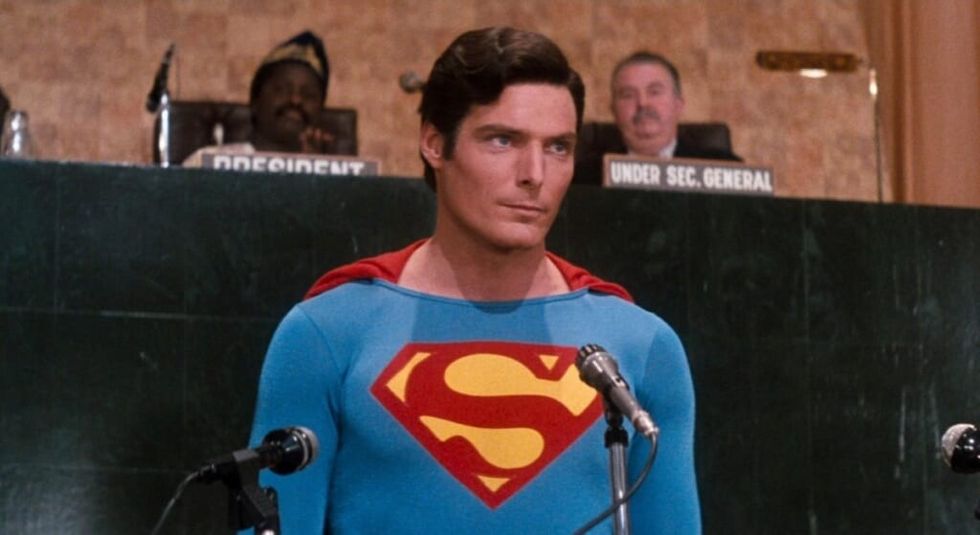 Christopher Reeve in Superman outfit in Superman 4.