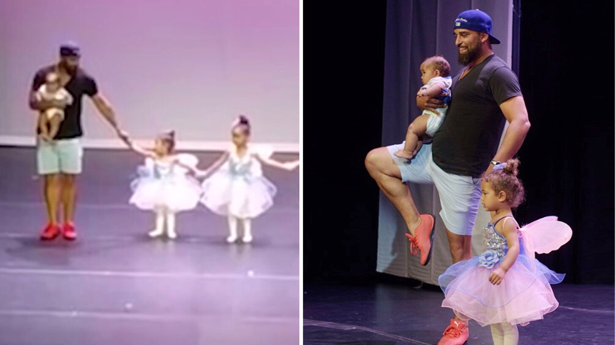 dad dancing ballet with little girl on stage
