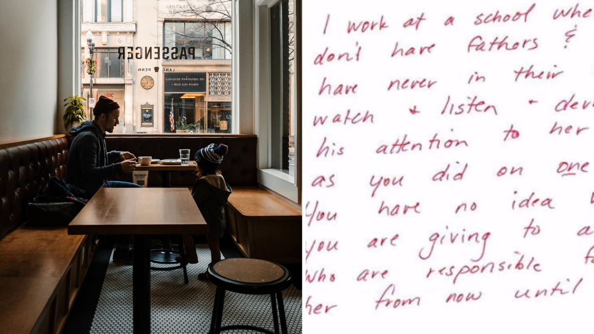 man and kid at a table in a restaurant and a handwritten note