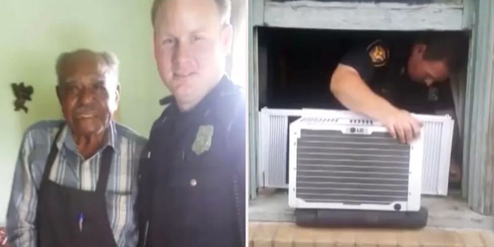 Policeman poses with older man and installs air conditioner in his window