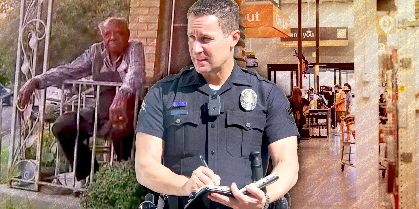 Policeman writes ticket while looking at old man on porch with Home Depot in the background