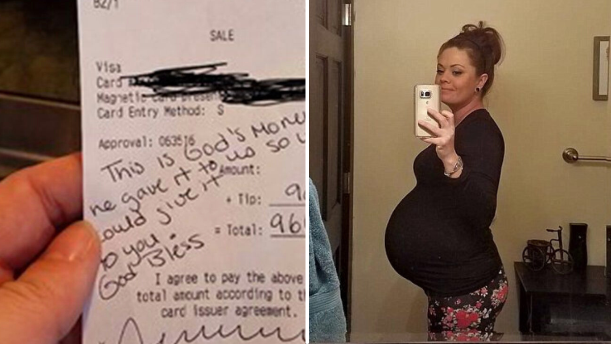 receipt from a restaurant and a pregnant woman