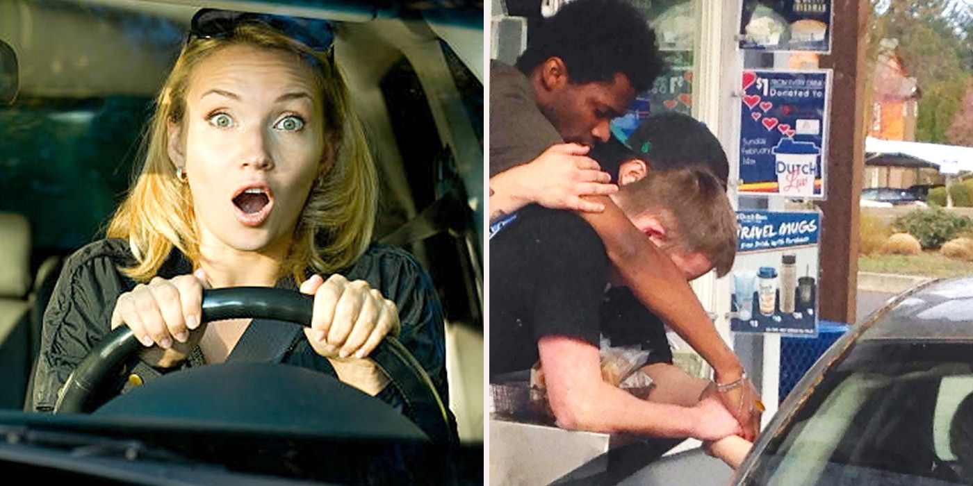 Shocked woman in a car while drive-thru employees reach out window into another car