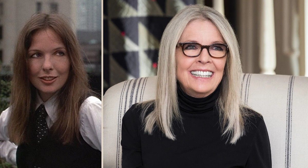 Side by side photos of Diane Keaton in Annie Hall and in 2022.