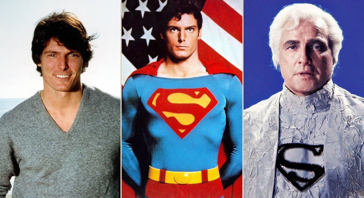 Christopher Reeve an image of him as Superman next to Marlon Brando.