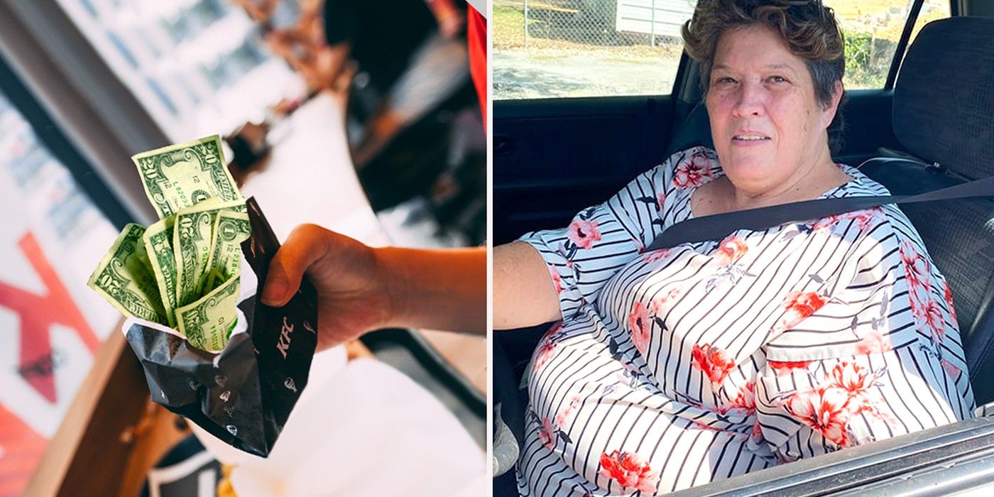 Woman sits in driver's seat of a car while a hand holds a KFC sandwich made of money
