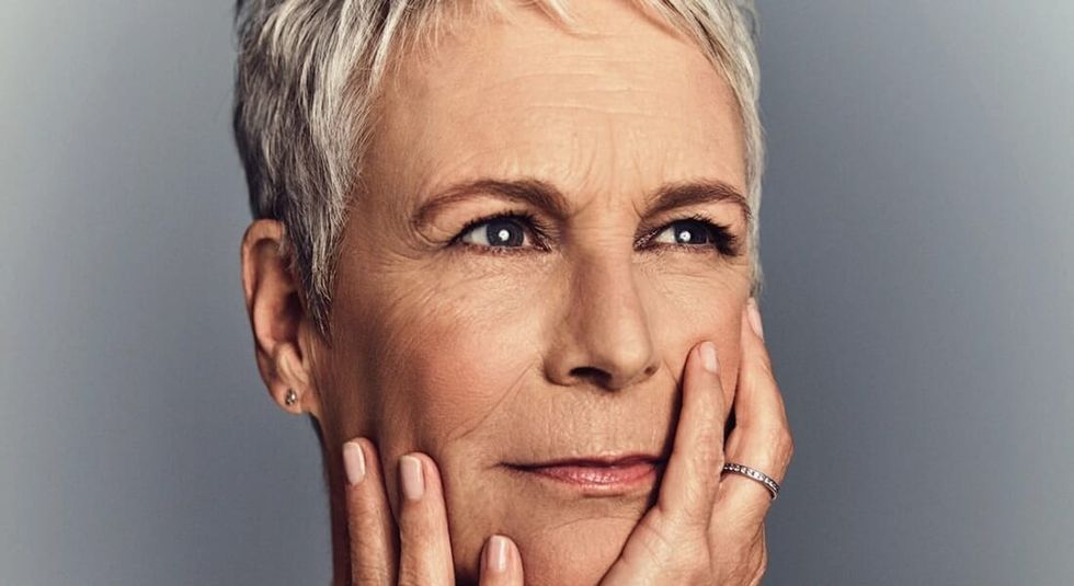 Close up of Jamie Lee Curtis' face.