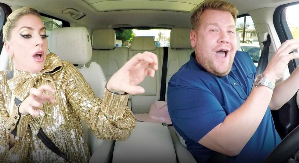 Lady Gaga and James Corden singing in the car during Carpool Karaoke. 