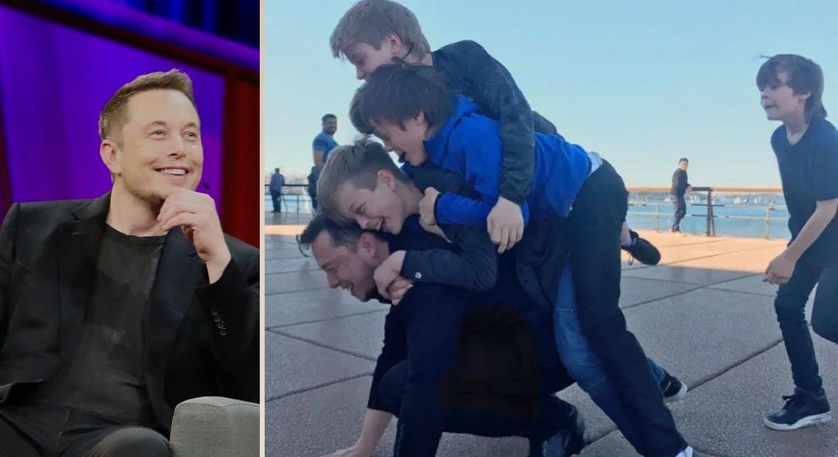 Elon Musk playing with four of his children.