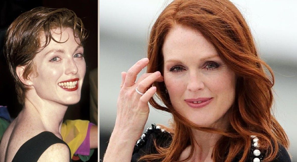 Photo of young Julianne Moore from 1992 beside a picture of the actress in 2021.