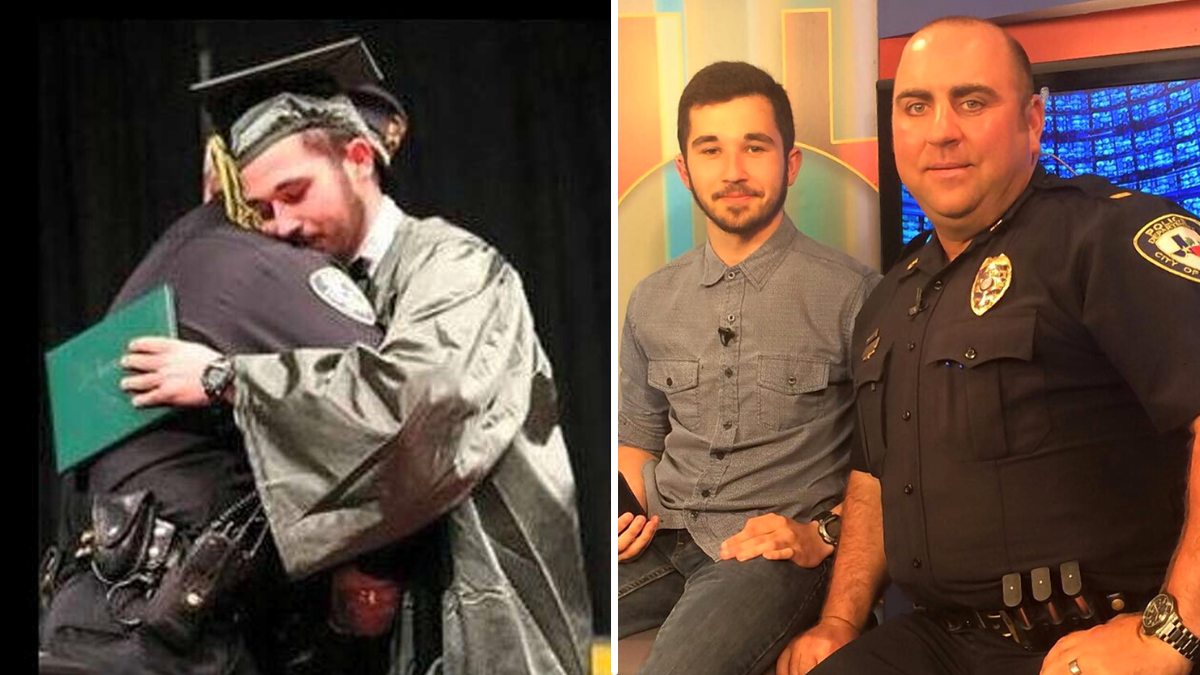 police officer hugging a graduate and a cop sitting next to a teen