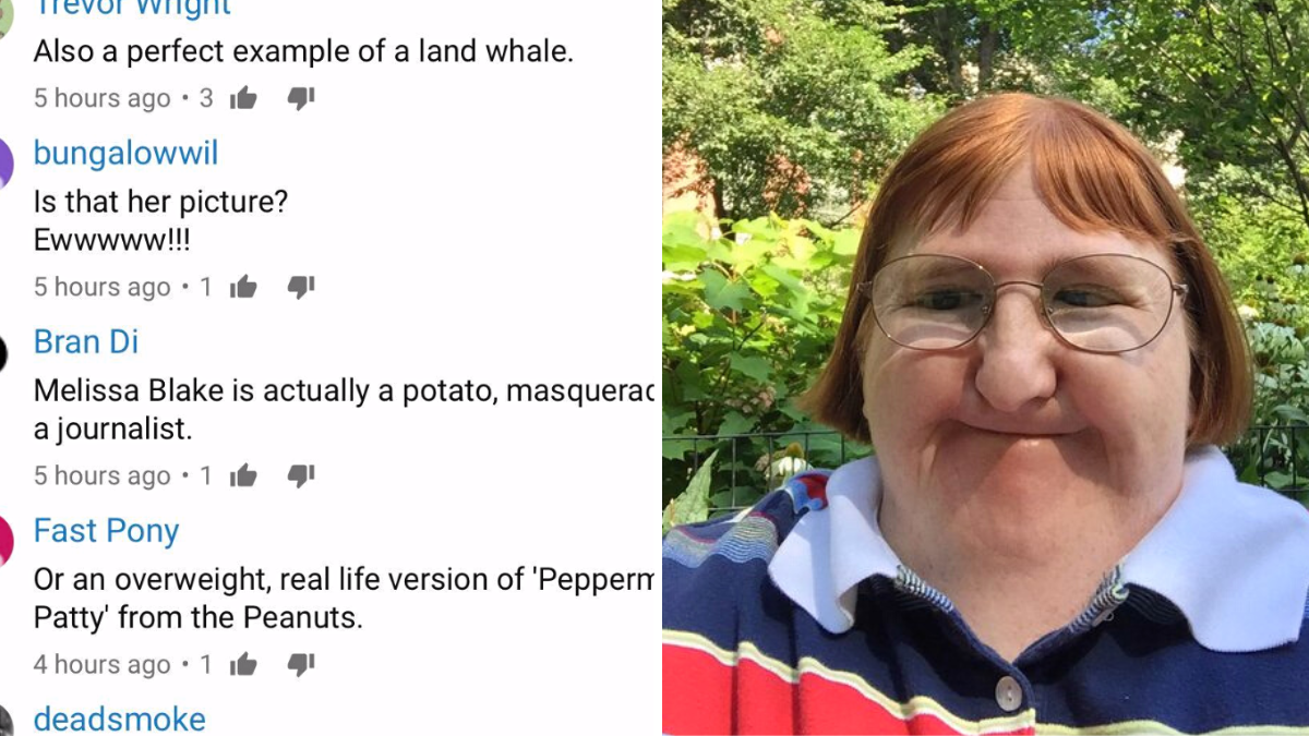 screenshots of online comments and a woman in a striped shirt and glasses