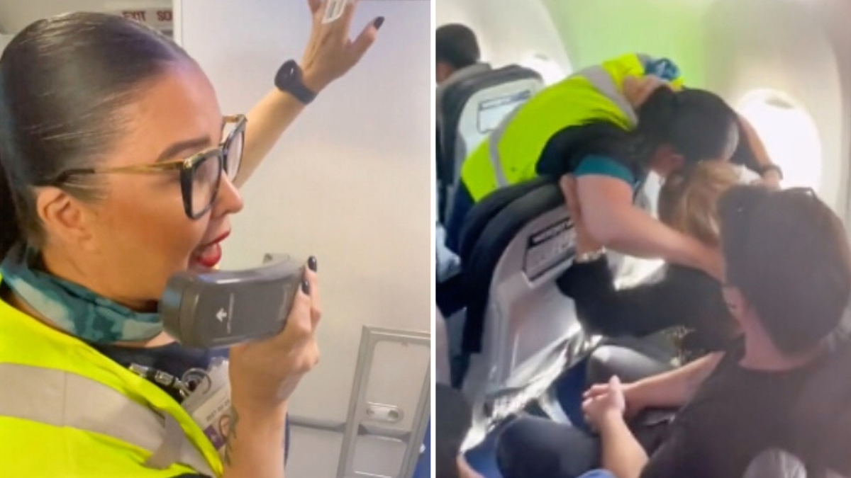 flight attendant making a speech and hugging a passenger