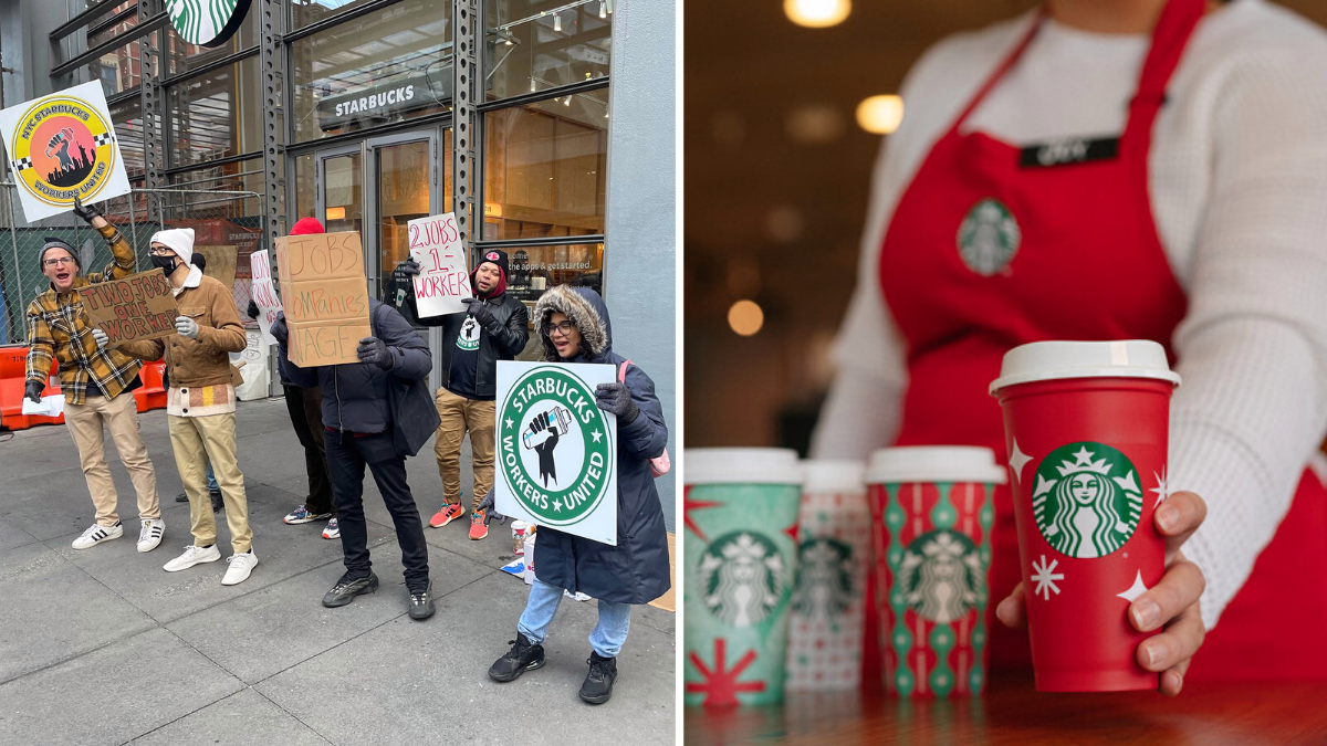 people on a strike and woman holding a red starbucks cup