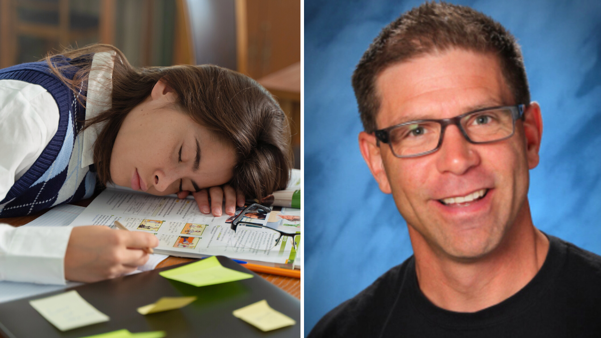 girl sleeping on her books and a man with glasses smiling