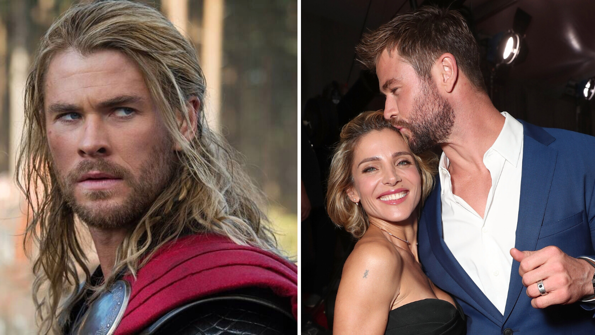 marvel's thor and a man in a blue suit kissing a woman with a black dress on the head
