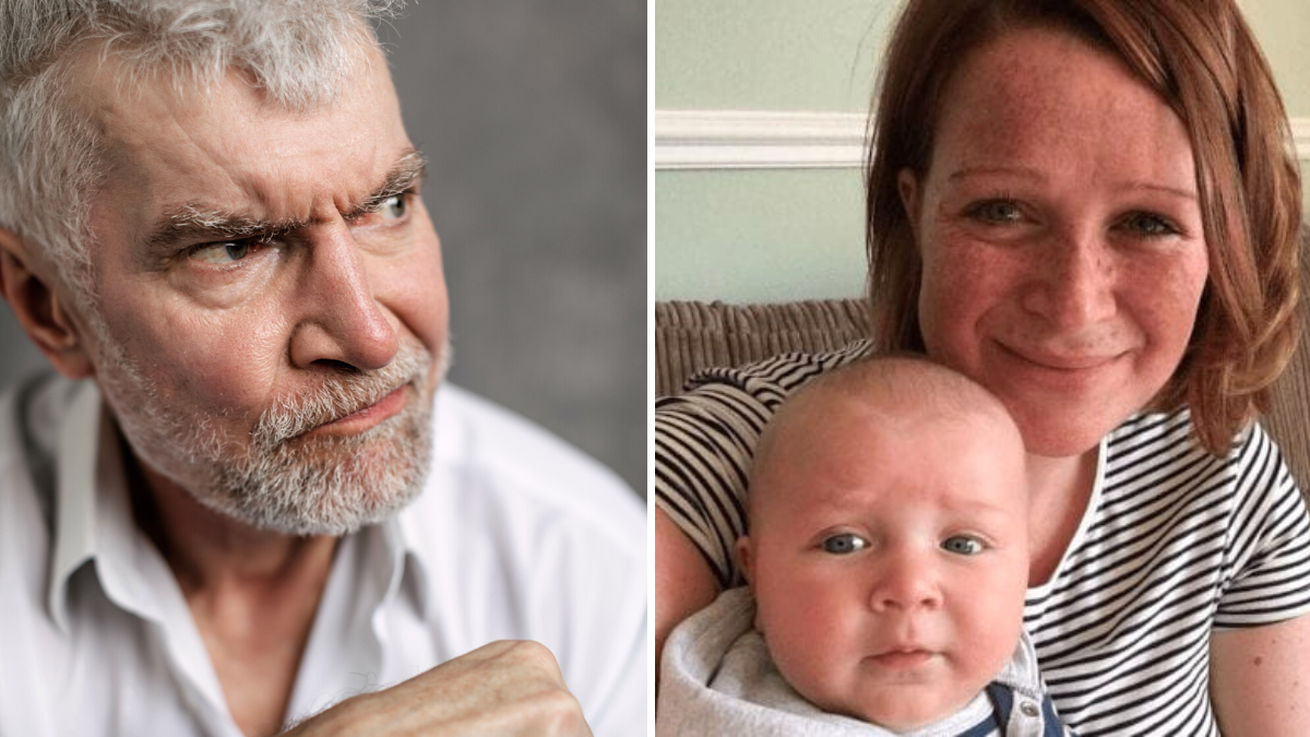 elderly man looking grumpy and a woman with a baby